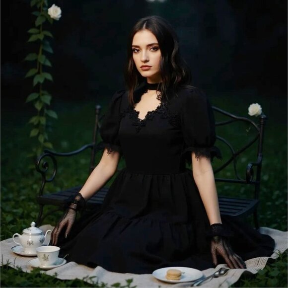 Angel Wing Doll Mini Dress Black Gothic Lace Up Back Puff Sleeve Elegant Alt S - Picture 5 of 8